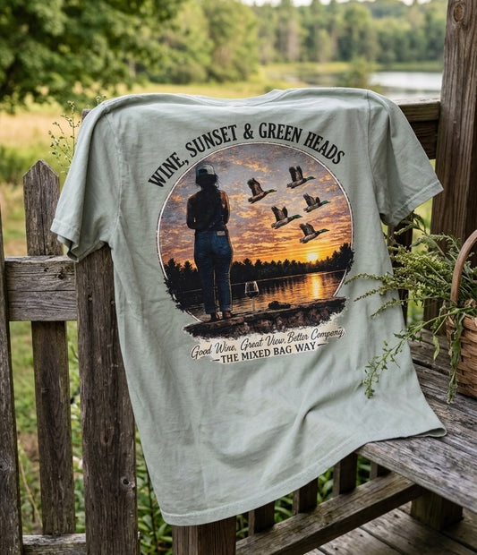 Wine, Sunset & Green Heads t-shirt